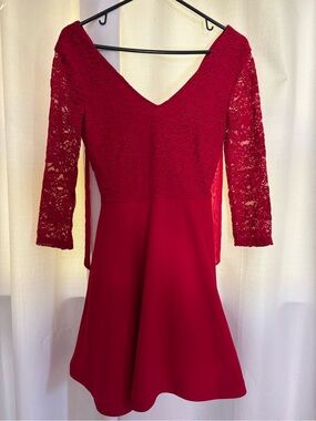 B Darlin Red V-Neck Lace Fit & Flare Dress